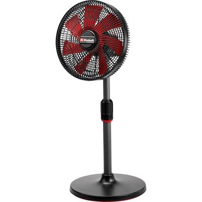 Een zwarte statiefventilator met rode schoepen en verstelbare hoogte staat voor een neutrale achtergrond.