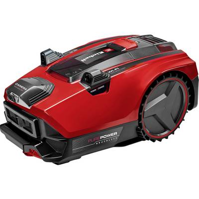 Rode grasmaairobot met grote wielen, camera's en de tekst 'Pure Power'. Geschikt voor automatische gazonverzorging.