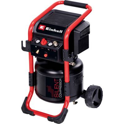 Draagbare Einhell stille luchtcompressor met rood frame, drukmeter, bedieningselementen, tank, slangtaansluiting en transportwielen.