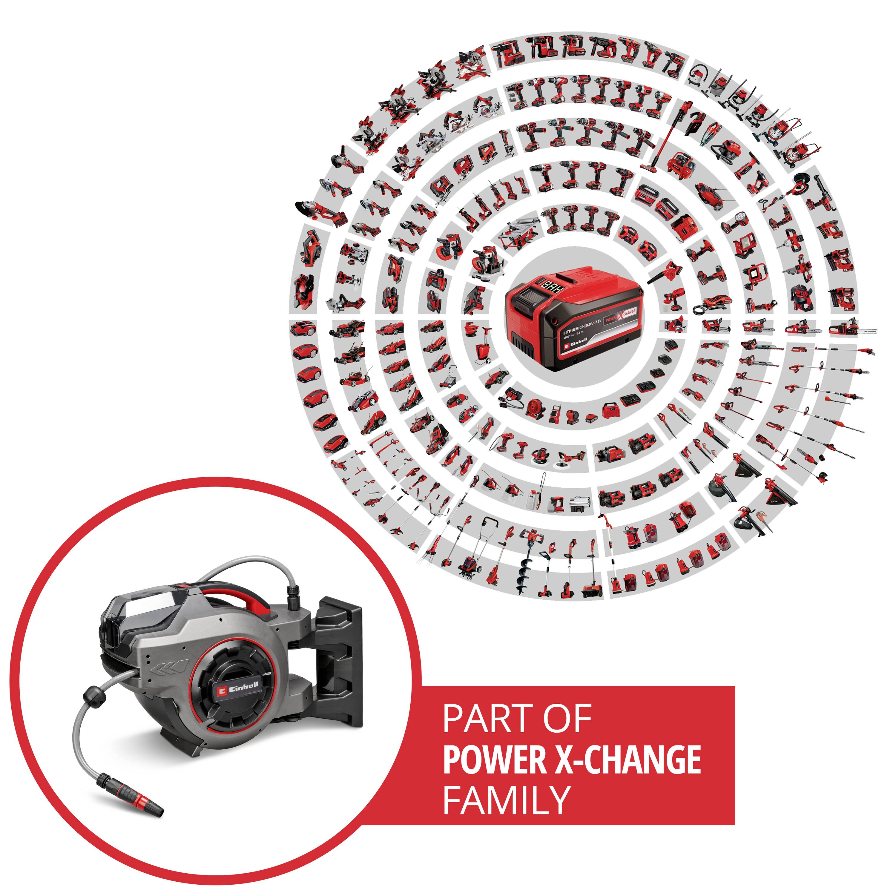 Einhell gereedschappen, gerangschikt in een cirkelvormig patroon. Links onderaan bevindt zich een Einhell universele stofzuiger met accu. Tekst: 'Onderdeel van Power X-Change Familie'.