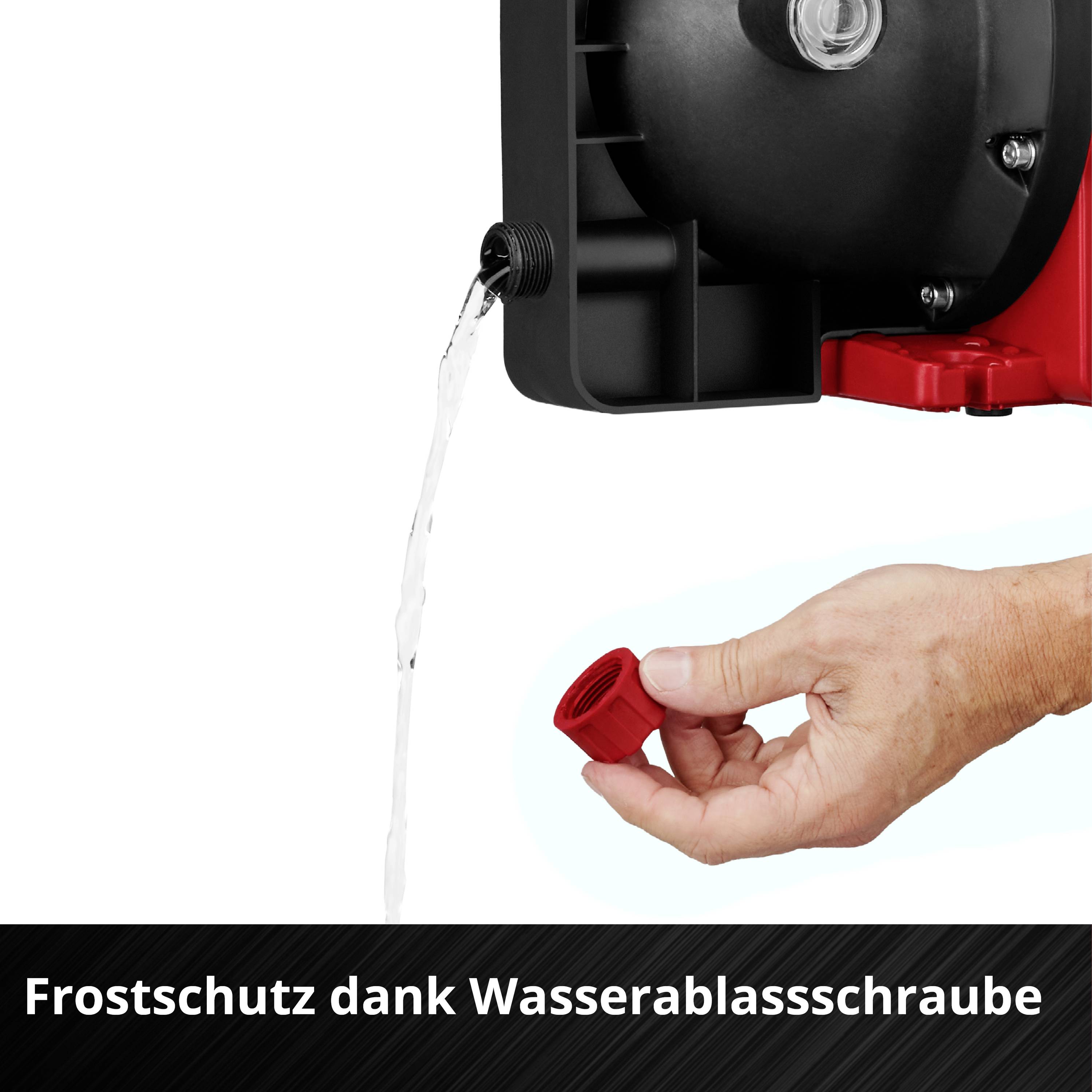 Een hand draait een wateraftapschroef waaruit water stroomt. Daaronder staat: 'Vorstbescherming dankzij wateraftapschroef'.