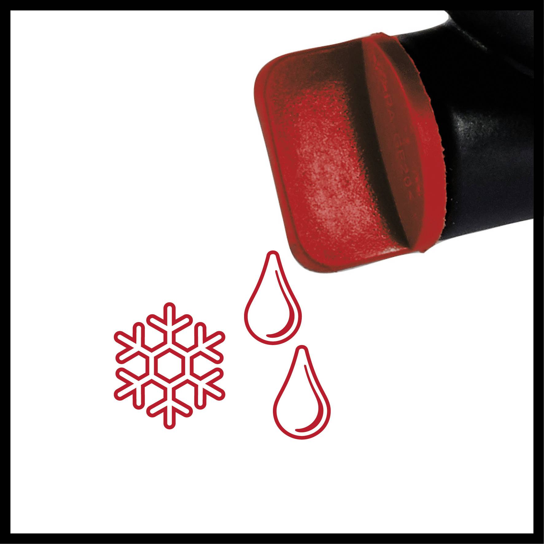 Een vierkant koel-accusymbool met een rood vierkant, witte druppels en een rode sneeuwvlok ernaast.