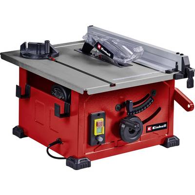 Rode tafelcirkelzaag met zilveren werkoppervlak en maatschaal aan de voorkant. Gefabriceerd door merk Einhell.