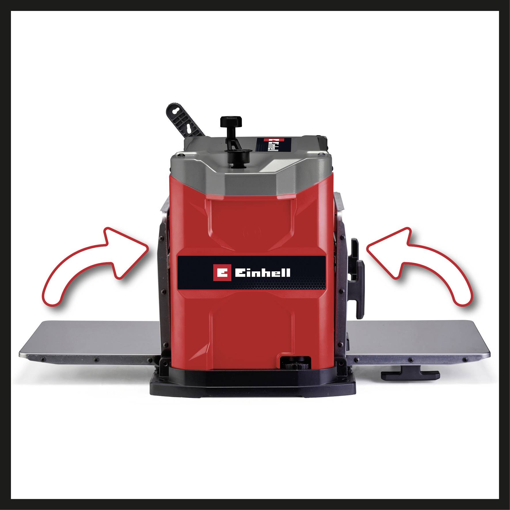 De afbeelding toont een Einhell-vandiktebank, model TC-SP 204, met rode zijpijlen die de invoerrichting aangeven.