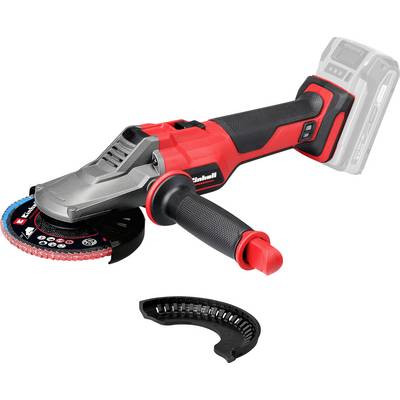 Rode draadloze haaksliper met zijhandvat en geïntegreerde batterij, weergegeven met een apart zwart slijpscherm accessoire eronder.