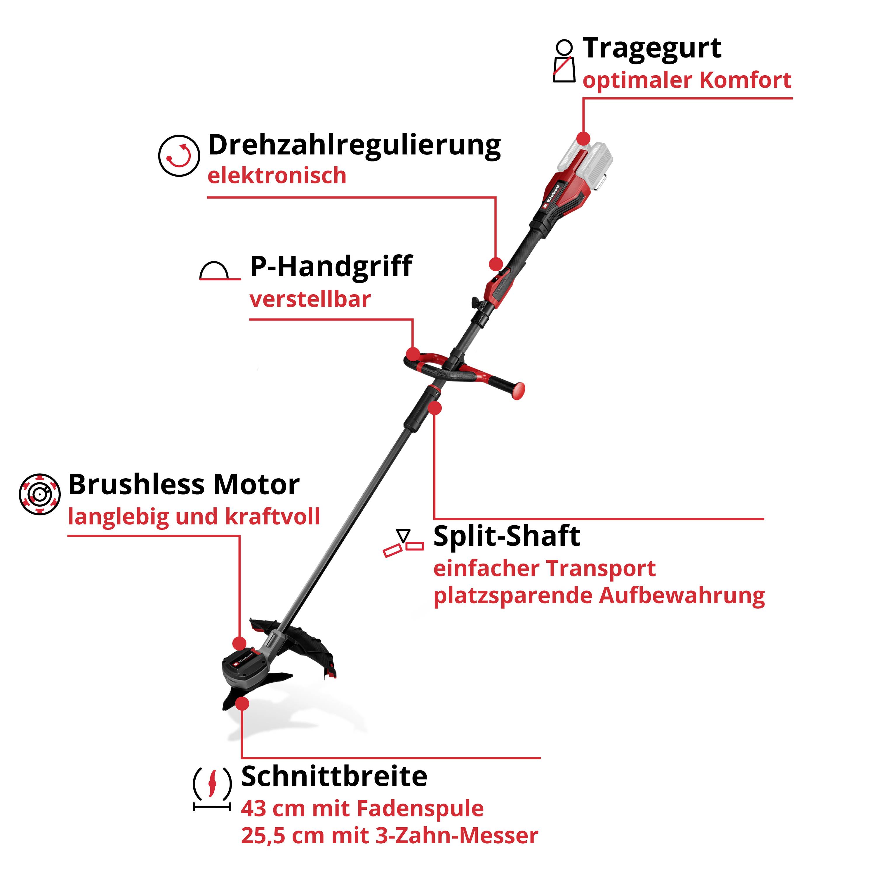 Accustrimmers met verstelbare P-handgreep, borstelloze motor en draagriem. Beschikt over toerentalregulering en split-shaft functie.
