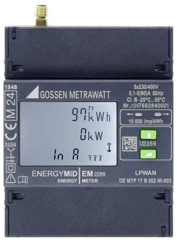 Elektriciteitsmeter met display toont '97 kWh' verbruik en '0 kW' huidig verbruik. Fabrikant: Gossen Metrawatt. Model: ENERGIMID EM 2289.
