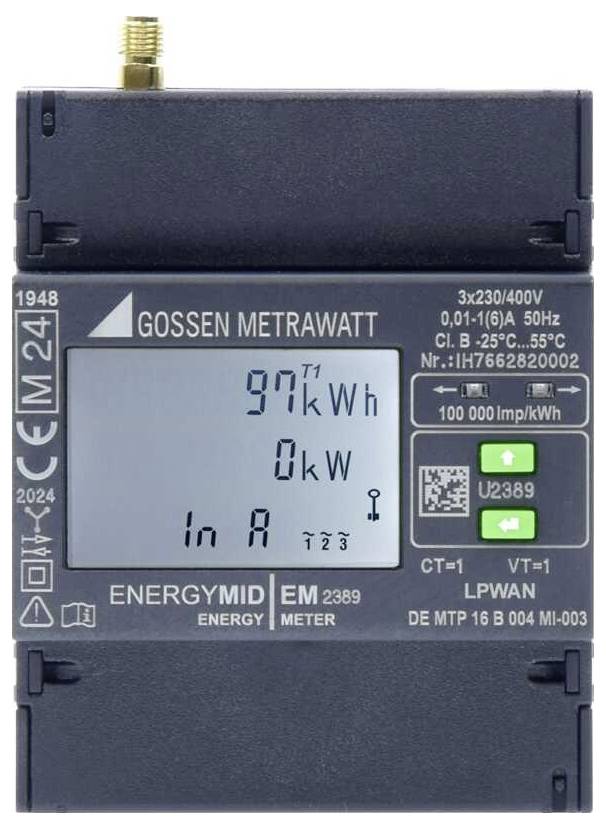 Digitale energiemeter toont 97 kWh energieverbruik. Merknaam 'Gossen Metrawatt' zichtbaar. Geschikt voor driefasige systemen.