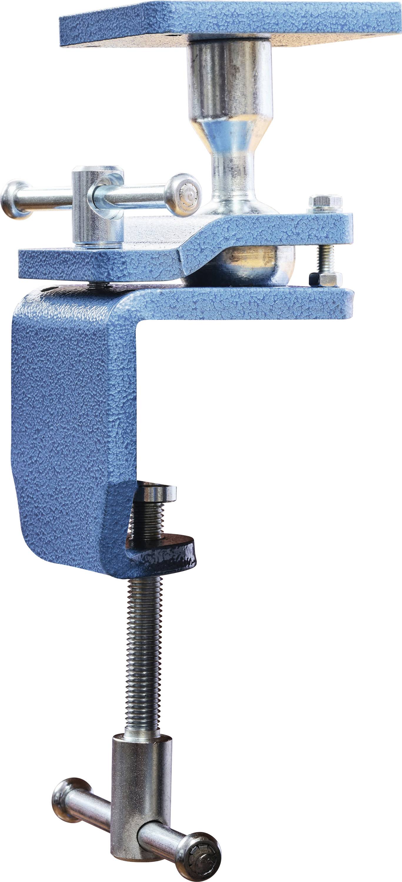 Een blauwe bankschroef met zilveren metalen onderdelen, gebruikt om materialen stevig vast te klemmen op werkoppervlakken.