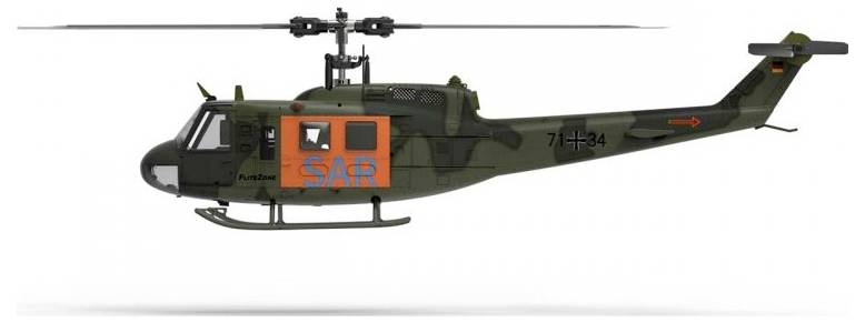 SAR-helikopter in olijfgroene camouflage met oranje 'SAR'-opschrift. Wordt gebruikt voor zoek- en reddingsoperaties.