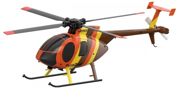 Speelgoed-helikopter in het model 'MD500', oranje en geel gelakt. Weergegeven in zijaanzicht.