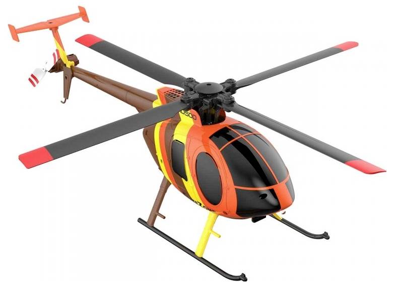 Een oranje en zwarte speelgoedhelikopter met rode en gele accenten, voorzien van vier bladen en landingsski's.