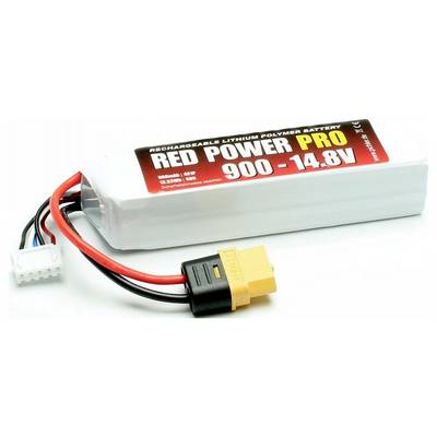 'Accupack, Lithium-Polymeer, 900mAh, 14,8V, witte rechthoekige vorm, rode en zwarte kabels met aansluitingen, opschrift "RED POWER PRO".'