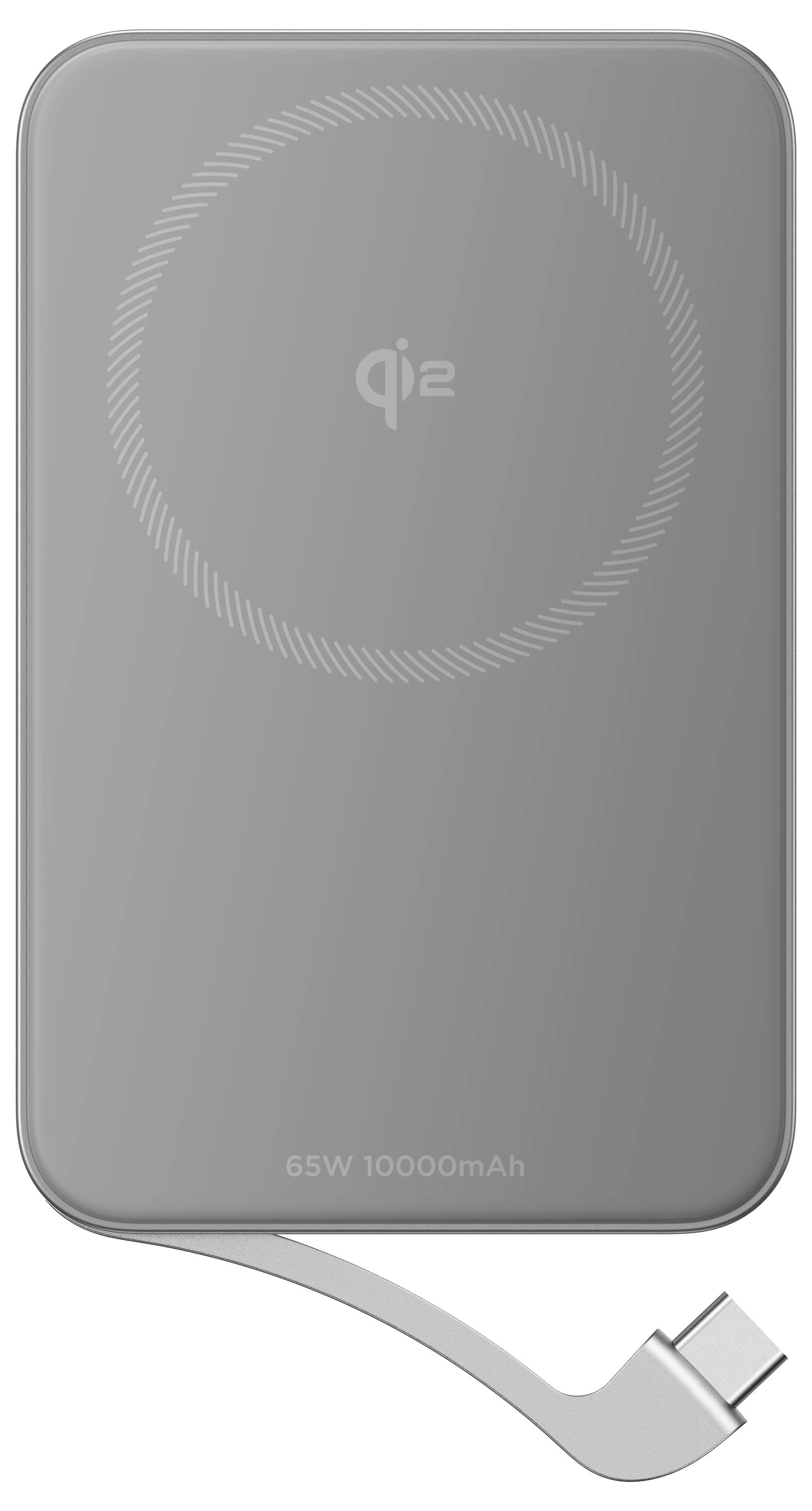 Een grijze, rechthoekige draadloze oplader met USB-C-kabel. Het heeft een capaciteit van 10.000 mAh en ondersteunt 65W-opladen.