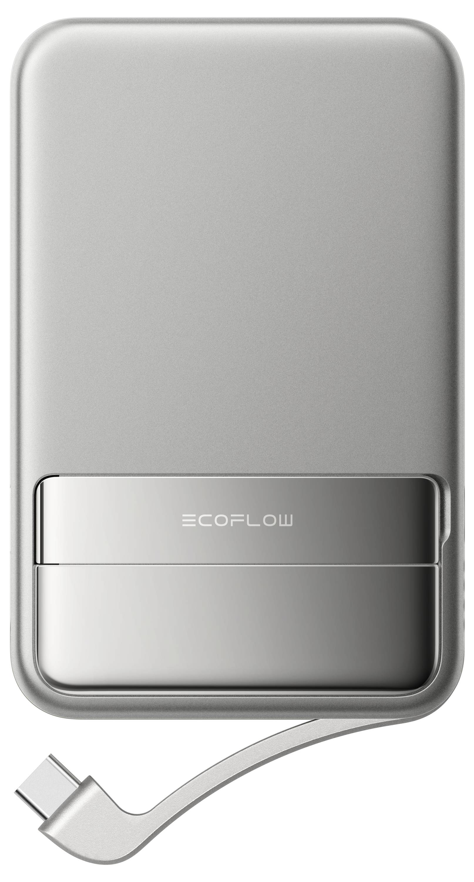 Draagbare, zilveren powerbank met verwijderbaar oplaadkabel en het logo 'EcoFlow'. Ideaal voor het opladen van apparaten onderweg.