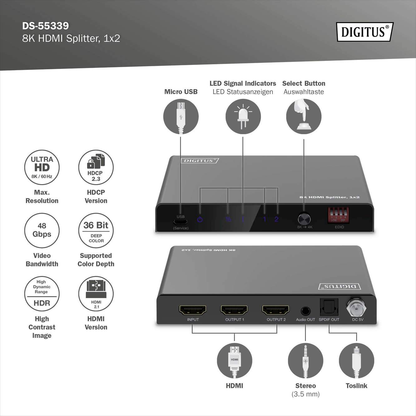 Digitus DS-55339 1 + 2 poorten HDMI-splitter Met metalen behuizing, LED-weergave, Met status-LED's, Voor intern gebruik -4