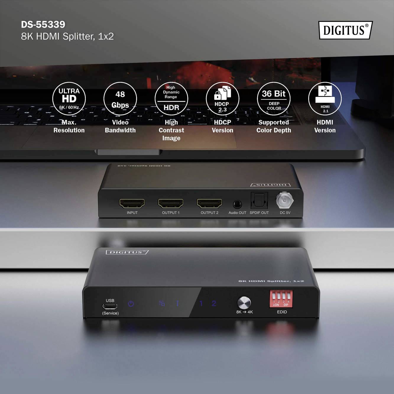 Digitus DS-55339 1 + 2 poorten HDMI-splitter Met metalen behuizing, LED-weergave, Met status-LED's, Voor intern gebruik -7