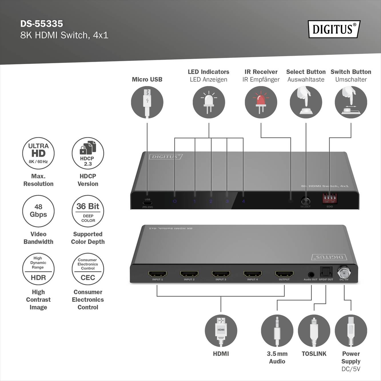 Digitus DS-55335 HDMI-switch LED-weergave, Met metalen behuizing, Met afstandsbediening, Ultra HD-geschikt 7680 x 4320 P-4