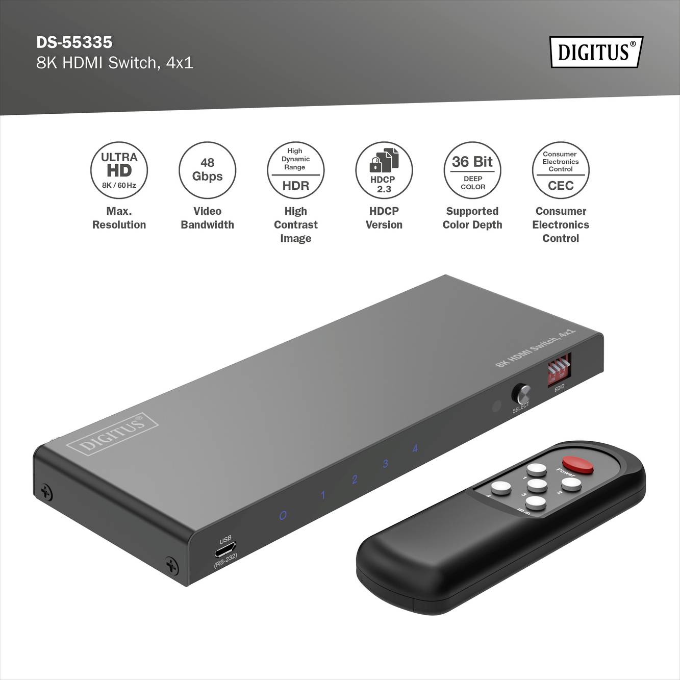 Digitus DS-55335 HDMI-switch LED-weergave, Met metalen behuizing, Met afstandsbediening, Ultra HD-geschikt 7680 x 4320 P-6