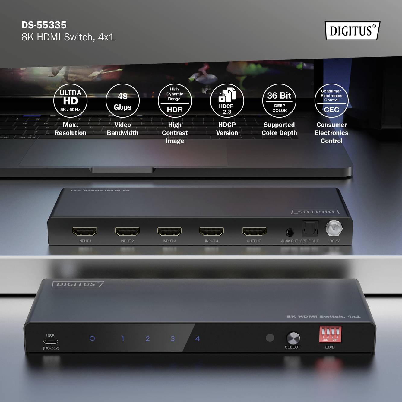 Digitus DS-55335 HDMI-switch LED-weergave, Met metalen behuizing, Met afstandsbediening, Ultra HD-geschikt 7680 x 4320 P-8