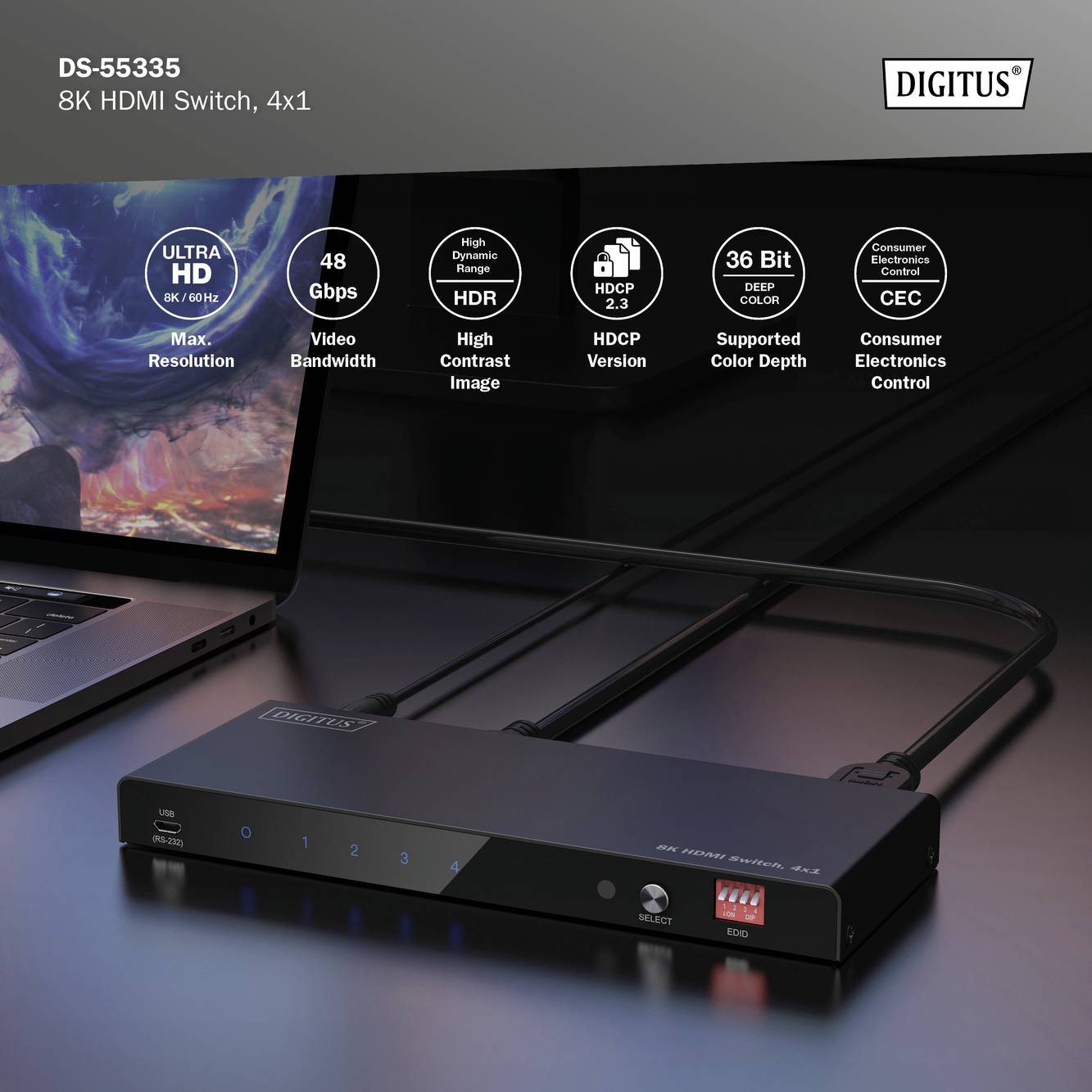 Digitus DS-55335 HDMI-switch LED-weergave, Met metalen behuizing, Met afstandsbediening, Ultra HD-geschikt 7680 x 4320 P-9