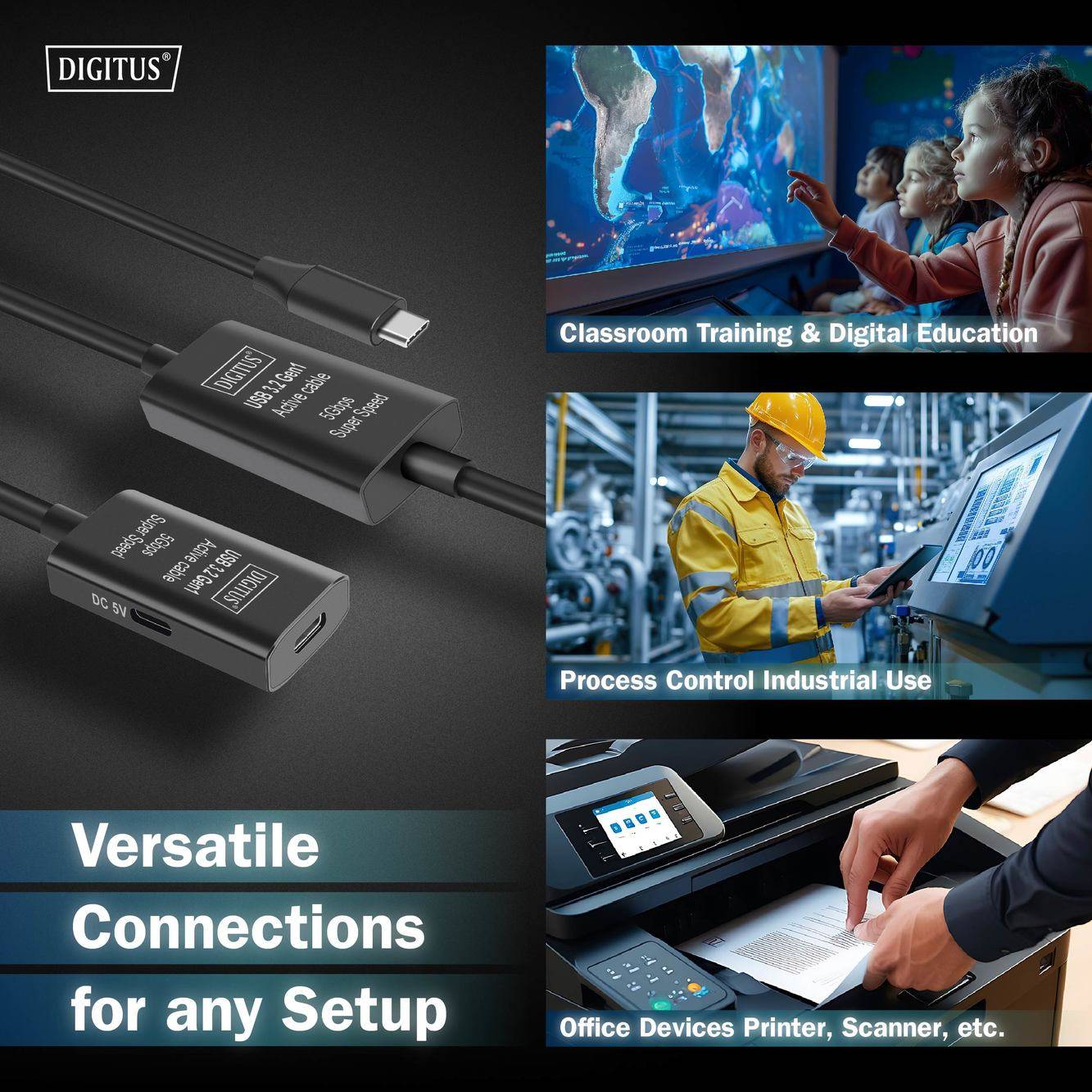 Digitus DA-73109 USB-C-kabel USB 3.2 Gen1, USB 3.2 Gen1, USB 3.0 USB-C, USB-C bus, USB-C stekker 10.00 m Zwart Actief me-6