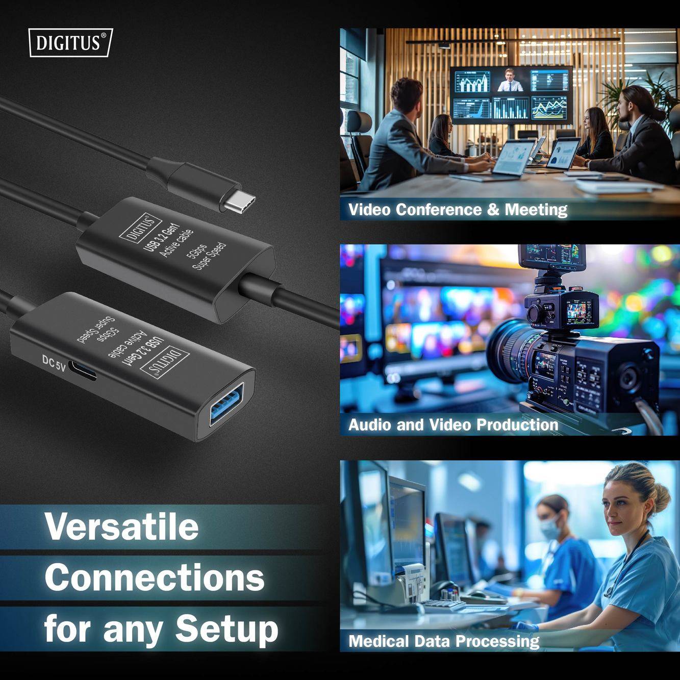 Digitus DA-73111 USB-kabel USB 3.2 Gen1, USB 3.2 Gen1, USB 3.0 USB-C, USB-C stekker, USB-A bus 10.00 m Zwart Actief met -7