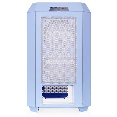 Lichtblauw, rechthoekige pc-behuizing met zijdelings ventilatierooster en open onderste vak.