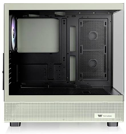 Computerbehuizing met glazen zijpaneel, van binnen leeg. Ruimte voor componenten zichtbaar. Verlichte ventilatorverlichting op de achtergrond.