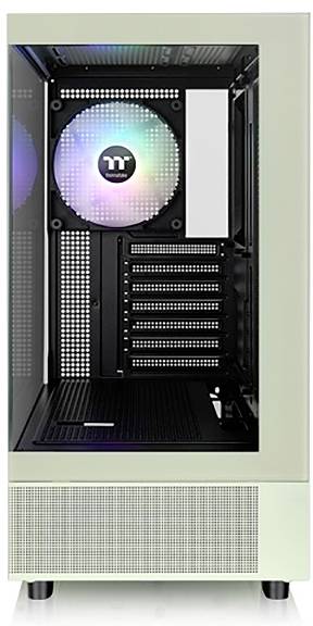 Een leeg pc-behuizing met een grote, verlichte ventilator aan de achterkant, geschikt voor het installeren van computercomponenten.