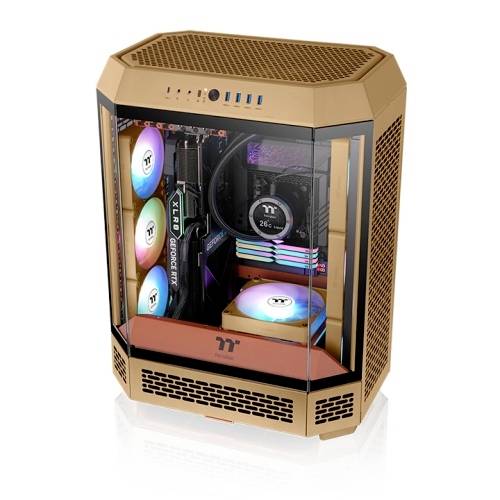 Een computerbehuizing met glazen voorkant toont kleurrijke, verlichte ventilators en componenten aan de binnenkant, perfect geschikt voor gaming-setups.
