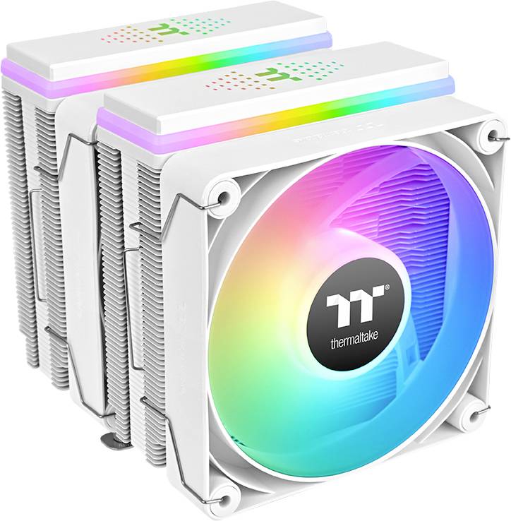 CPU-koeler van Thermaltake met twee ventilatoren die in regenboogkleuren oplichten. Ontworpen voor hoge koelprestaties in computers.