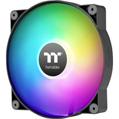 Een computerventilator met RGB-LED's toont stralende regenboogkleuren. In het midden staat het logo van het merk Thermaltake.