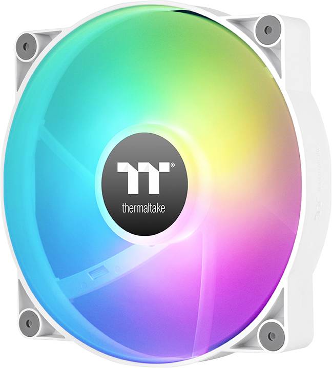 Pc-ventilator met RGB-verlichting in regenboogkleuren. Het centrum draagt het logo van een merk.