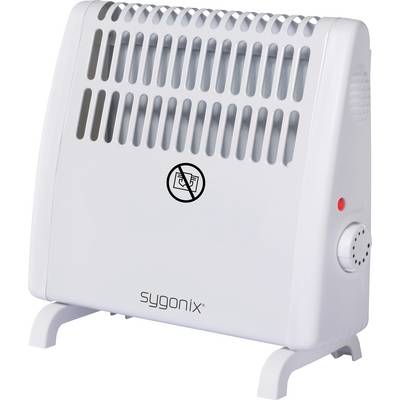 Een witte ventilatorkachel met een roosterpatroon, een draaiknop aan de zijkant en een waarschuwingssymbool op de voorkant.