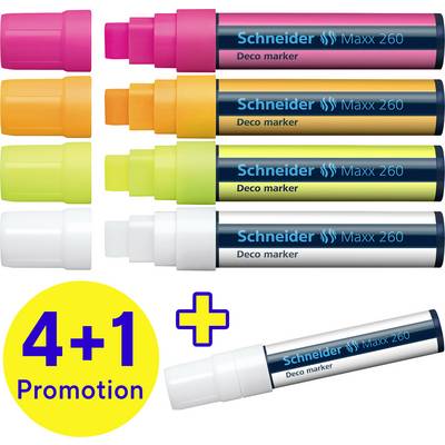 Vijf gekleurde deco-markers in neonsgeel, oranje, roze, geel en wit. Opdruk 'Schneider Maxx 260' en '4+1 Promotie'.