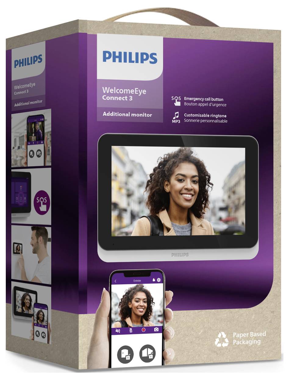 Philips WelcomeEye Connect 3 verpakking toont een lachende vrouw op het scherm en smartphone-meldingen.