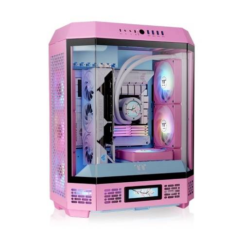 Behuizing van een gaming-pc in roze en blauw met verlichte ventilatoren en doorzichtige zijpanelen, toont interne configuratie en kabelbeheer.