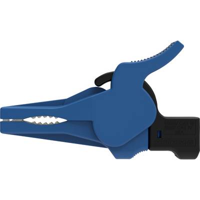 Een blauwe krokodillenklem van kunststof met getande metalen bekken, die wordt gebruikt voor elektrische aansluiting.