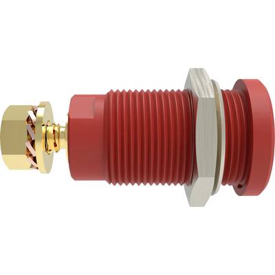 'Rode isolator met gouden kabeldoorvoer, schroef en onderlegring; wordt gebruikt voor isolatie in elektrische toepassingen.'