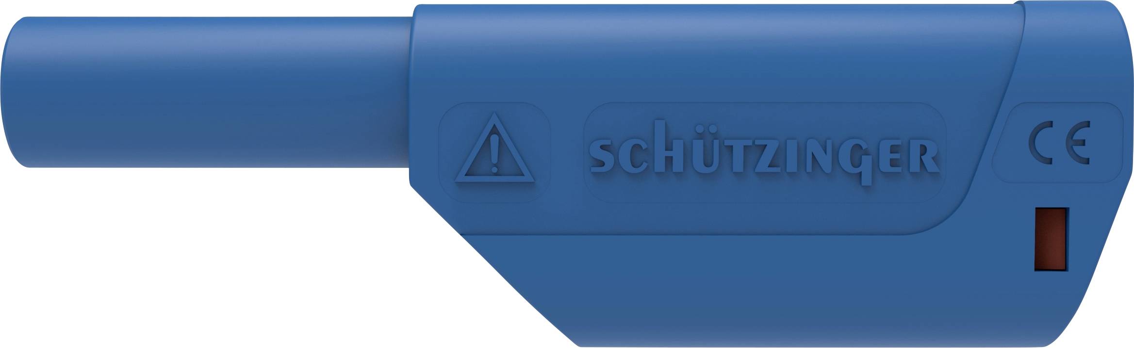 Blauwe beschermstekker met opdruk 'Schützinger' en CE-markering. Bevat waarschuwingssymbool.