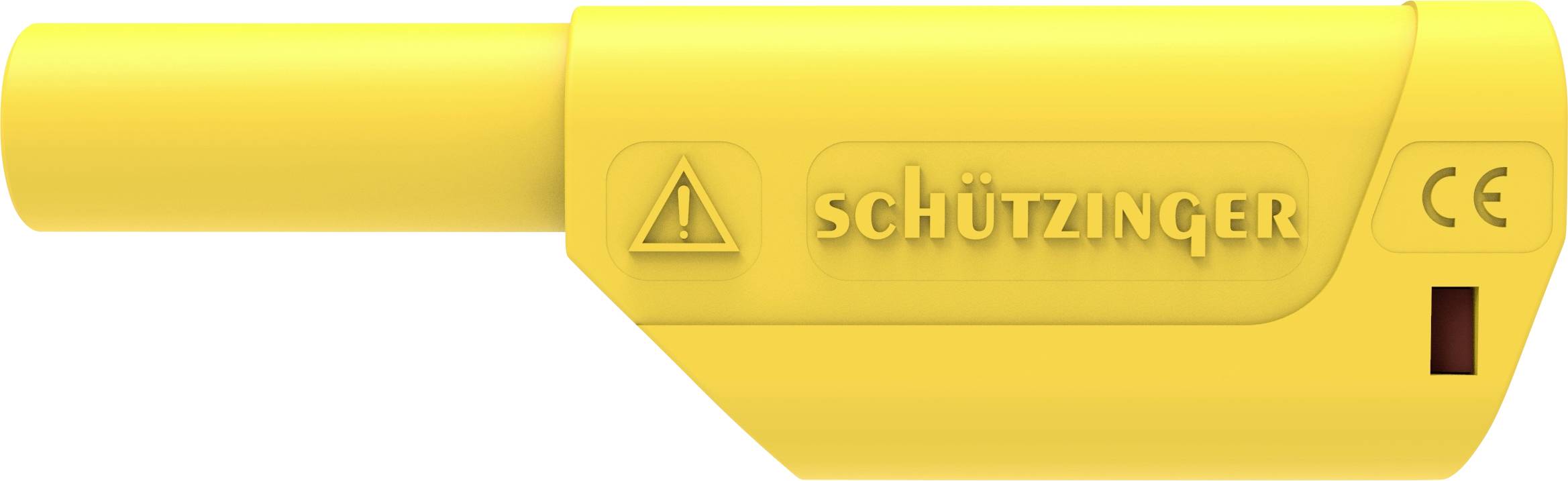 Gele veiligheidsstekker van het merk Schützinger met CE-markering en waarschuwingssymbool, gebruikt voor elektrische verbindingen.