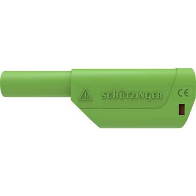Groene stekkeradapter met de opdruk 'SCHÜTZINGER' en CE-markering, gebruikt in elektrische toepassingen.