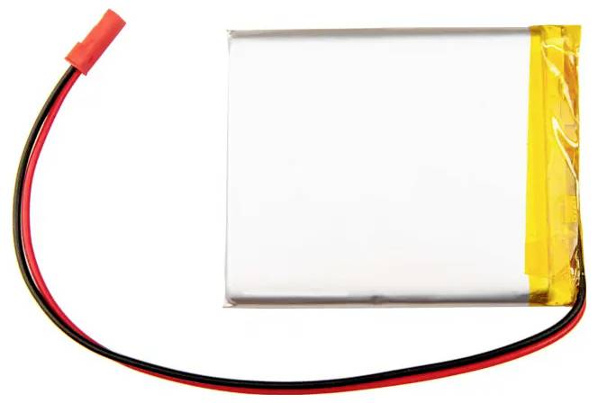 Een rechthoekige lithium-polymeer accu met twee kabels, rood en zwart, voor aansluiting.