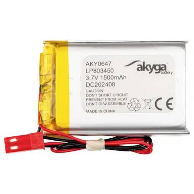 Lithium-Polymeer accu met kabelaansluiting, modelnummer 'AKY0647', capaciteit 1500mAh, 3,7V. Waarschuwing: Niet openen of kortsluiten.