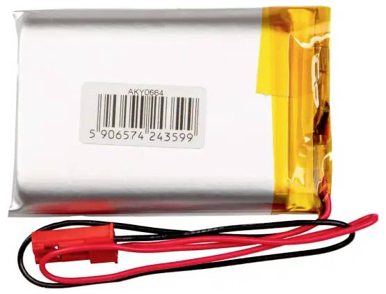 Een rechthoekige lithium-polymeer accu met een streepjescode en twee uitstekende kabels in rood en zwart.