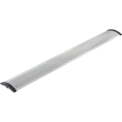 Een zilveren aluminium dakdrager voor voertuigen met zwarte eindkappen, geschikt voor bevestiging op het dak van het voertuig.