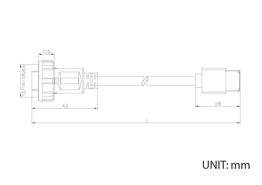 Technische tekening van een kabel met afmetingen: lengte 42 mm en 28 mm. Aangeduid met 'EENHEID: mm'.