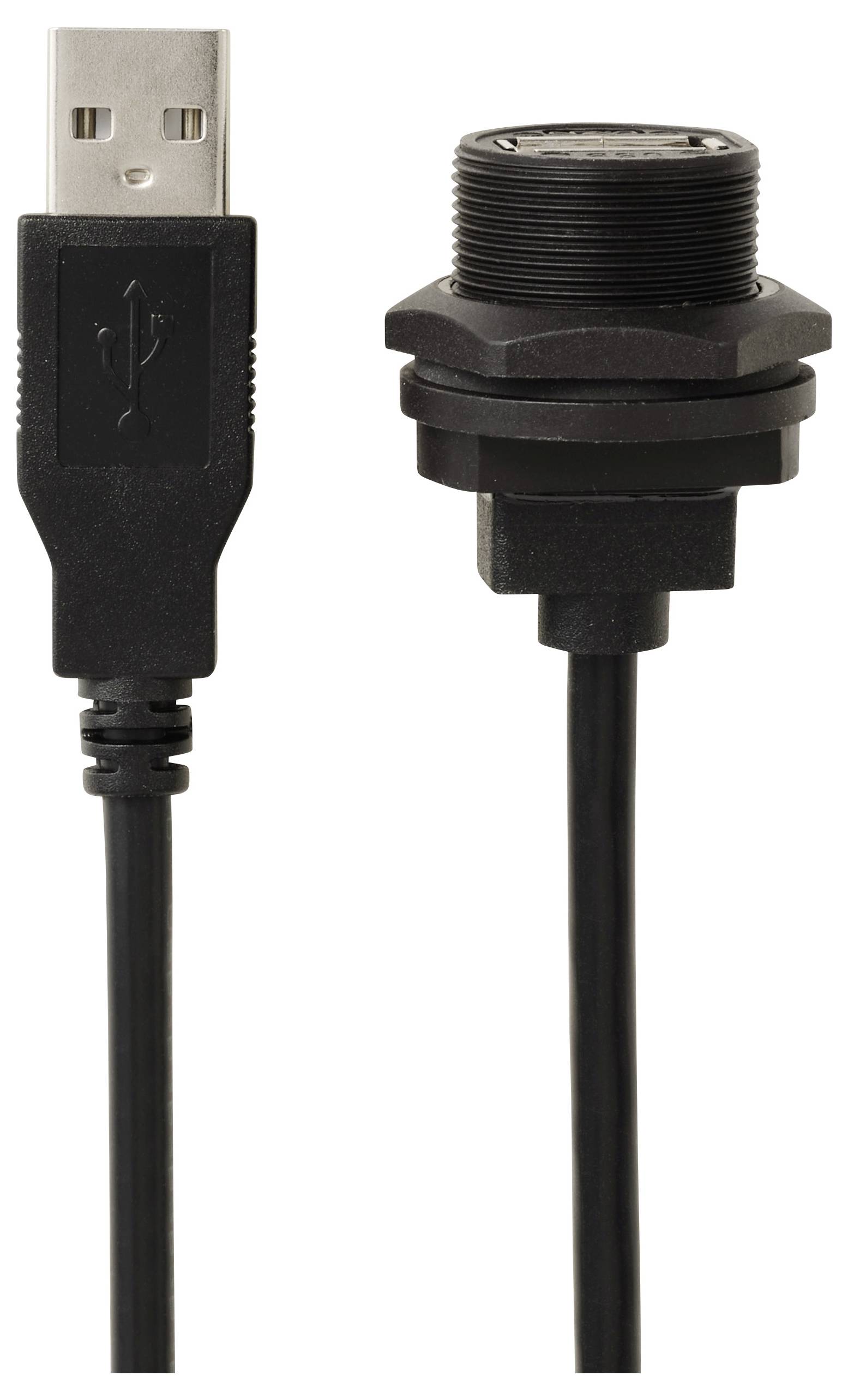 USB-aansluitsnoer, bestaande uit een mannelijke stekker en een vrouwelijke bus, in zwarte kleur, voor gegevensoverdracht en stroomvoorziening.