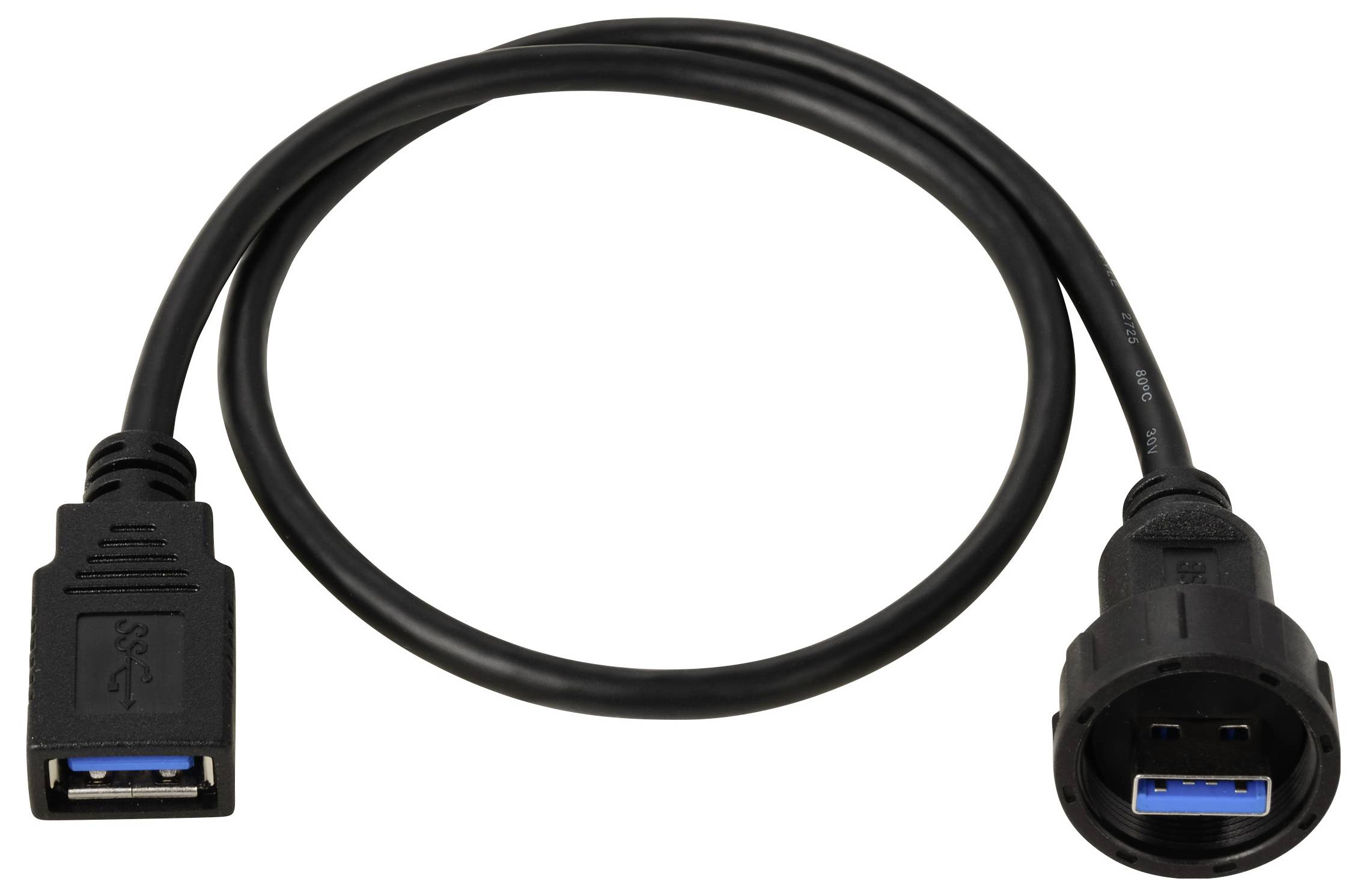 USB 3.0-verlengkabel met zwart snoer en blauwe aansluitingen.